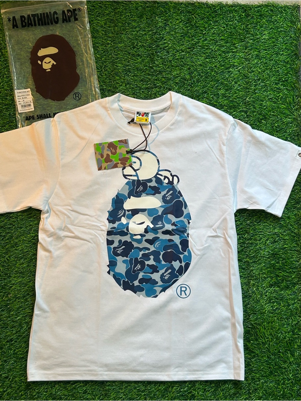 BAPE White T-Shirt with Blue Camo Ape Head Graphic💙 Medium